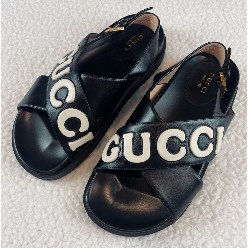 GUCCI • Black Ornella Logo Appliqué Crossover Leather Slingback Sandals, 8.5 - Picture 9 of 16